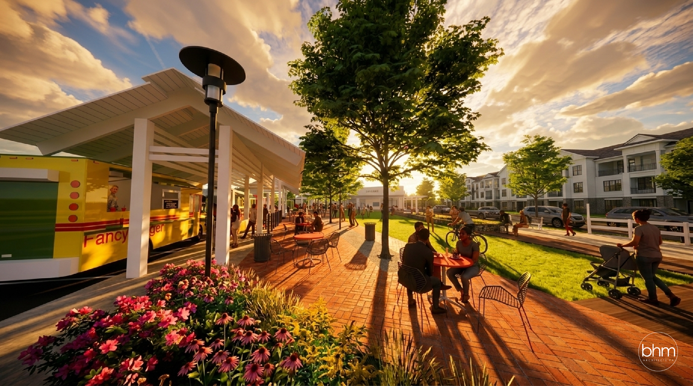 Render of Alexander Farms Town Green with Apartments and Food Trucks